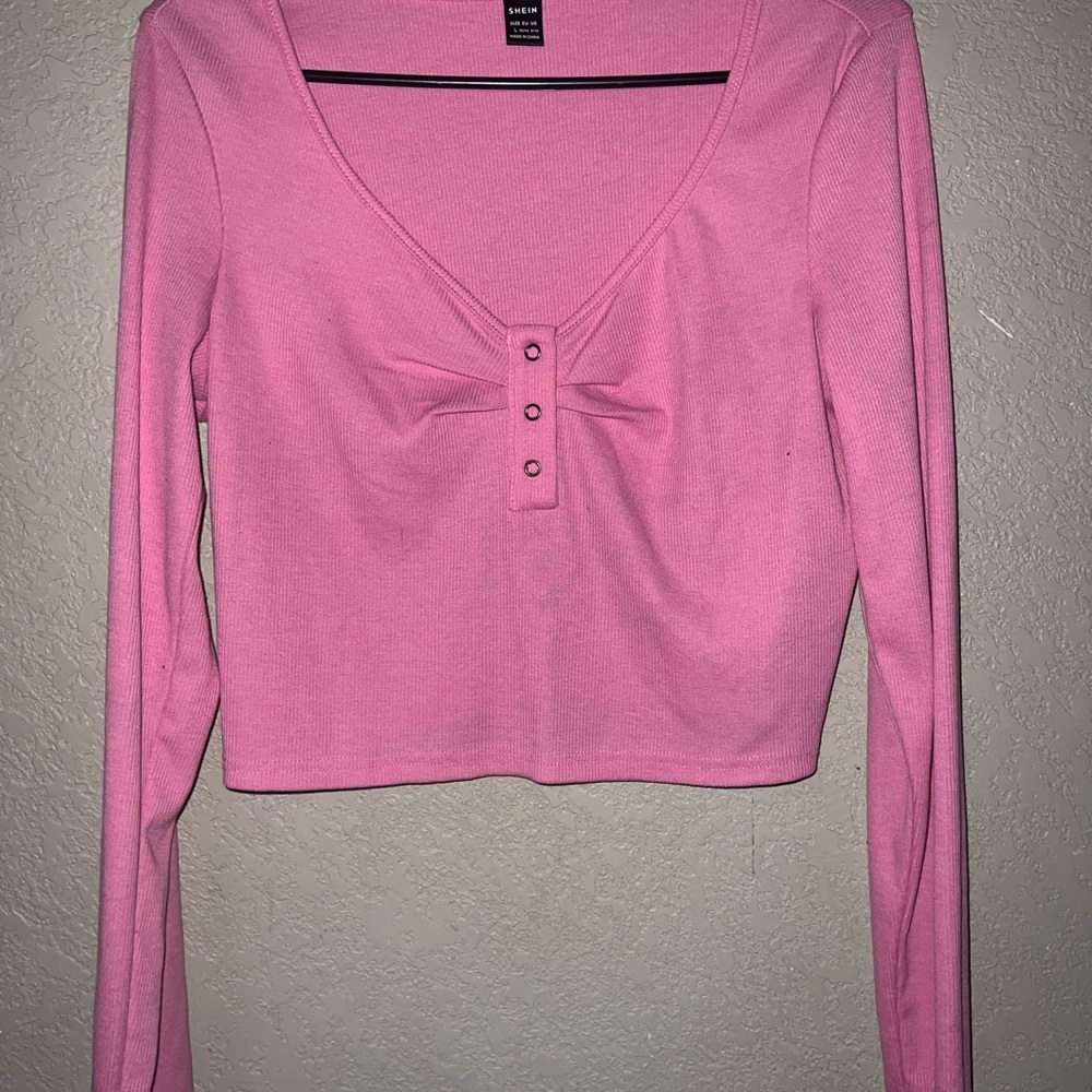 SHEIN Pink Long Sleeve V-Neck Top